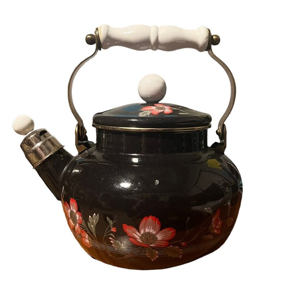 Vintage Black Enamel  Floral Accents Whistling Teapot Tea Pot